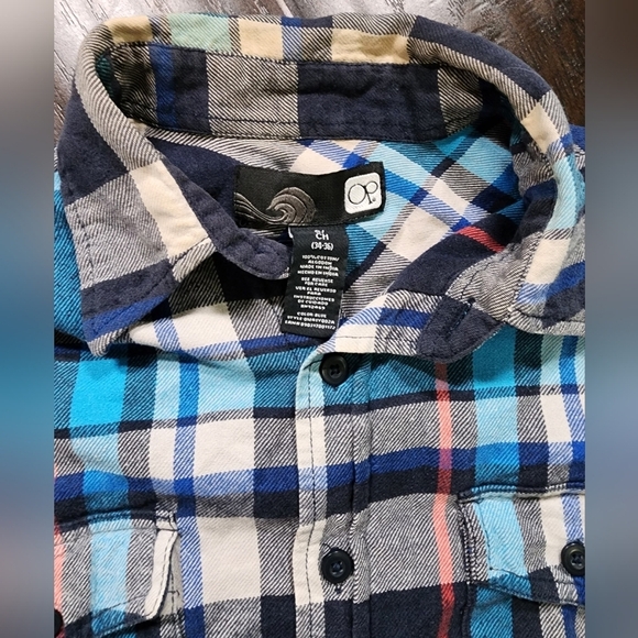 Mens OP Flannel Button Up Distressed Plaid Long Sleeve Top - Picture 5 of 10